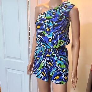 BODY Central Off One Shoulder Animal Print Romper